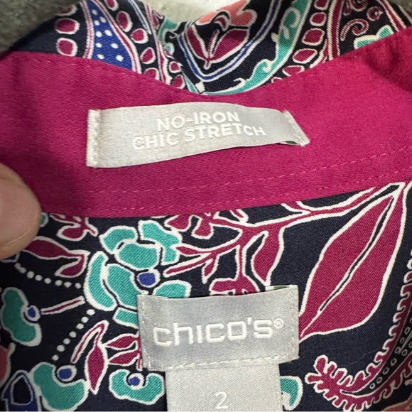 Chico's Pink and Blue Notched Collar Button Down Shirt Mon wrinkle paisley lg - Picture 3 of 6
